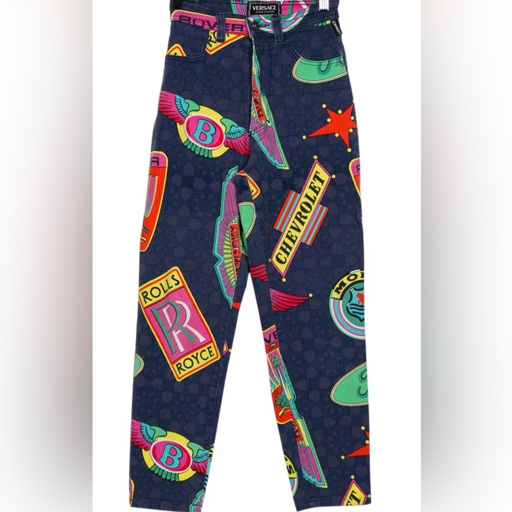 Vintage VERSACE JEANS COUTURE luxury car logo pattern denim pants, Sz XS